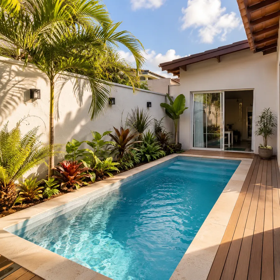 Piscina de fibra compacta em quintal residencial na Região dos Lagos — obra Aguazul