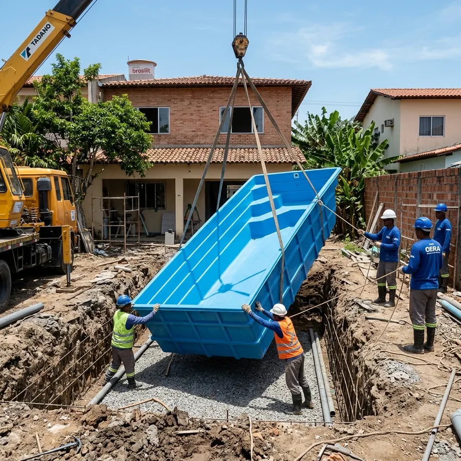 Piscina de fibra em quintal na Região dos Lagos — obra real Aguazul
